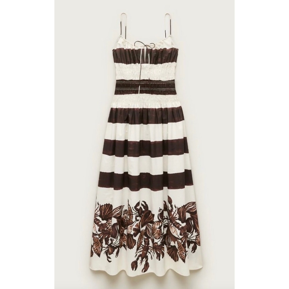 Agua by Agua Bendita Brown Ivory Striped Lobster Print Smocked Midi Dress